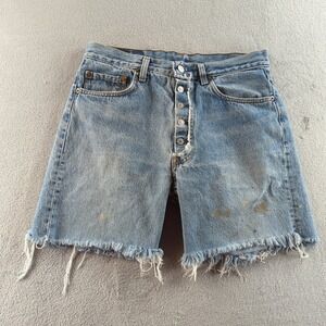 Vintage 90s Levis 501 Jean Shorts 33 Blue Light Wash Cut Off Paint Splatters USA